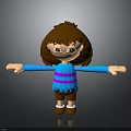 3D Cartoon Child With Brown Hair Blue Shirt Purple Stripes And Brown Shorts Arms Outstretched